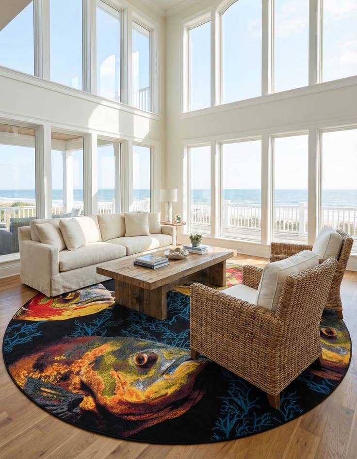 Detail image of 12' x 12'  Washable Coastal Indoor / Outdoor Round Rug