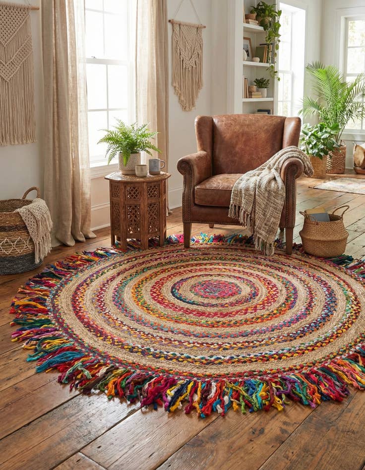 Detail image of  6' 1 x 6' 1  Hand Braided Chindi Jute Round Rug