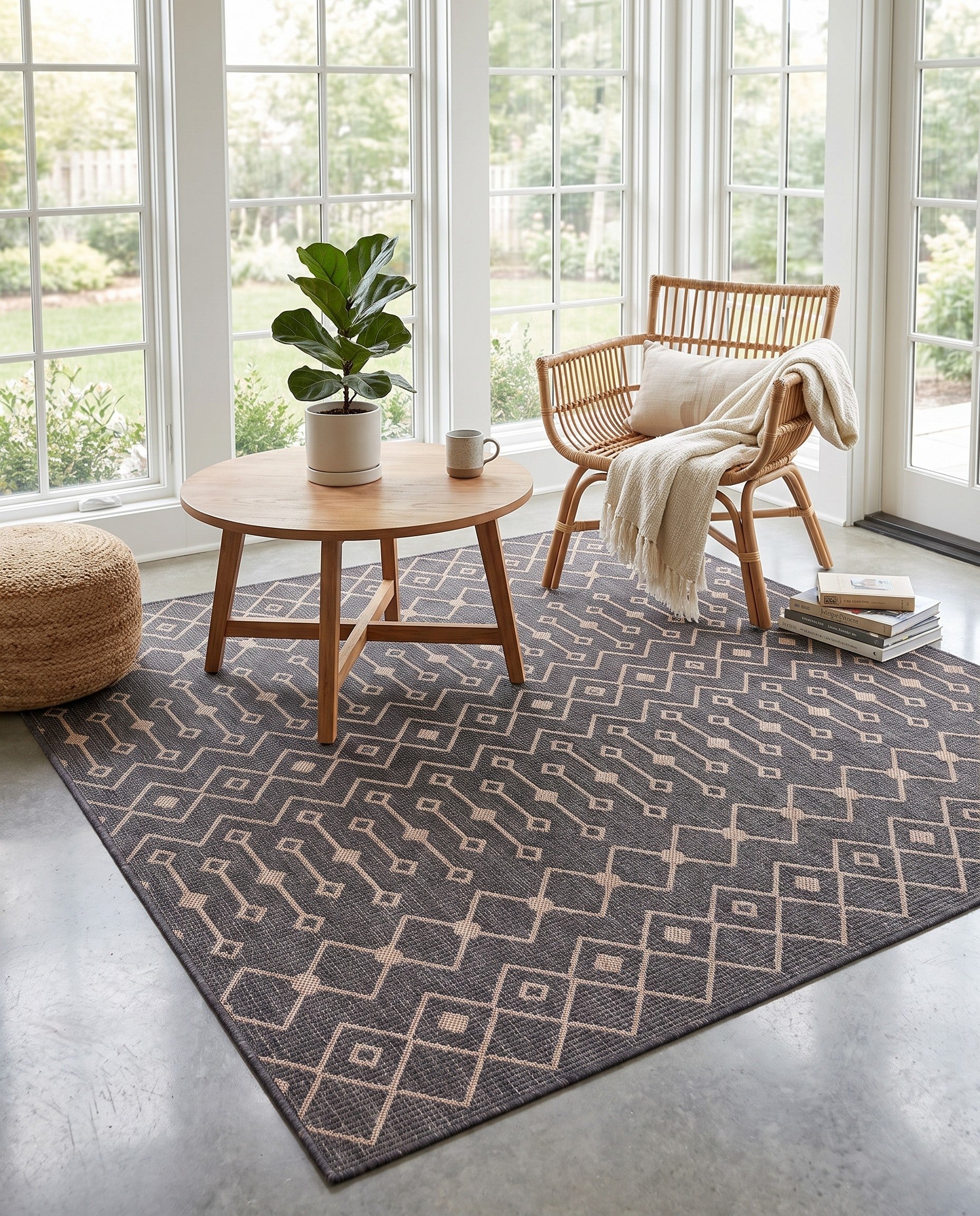 Charcoal Gray Easy-Clean Lattice Indoor / Outdoor Square Rug