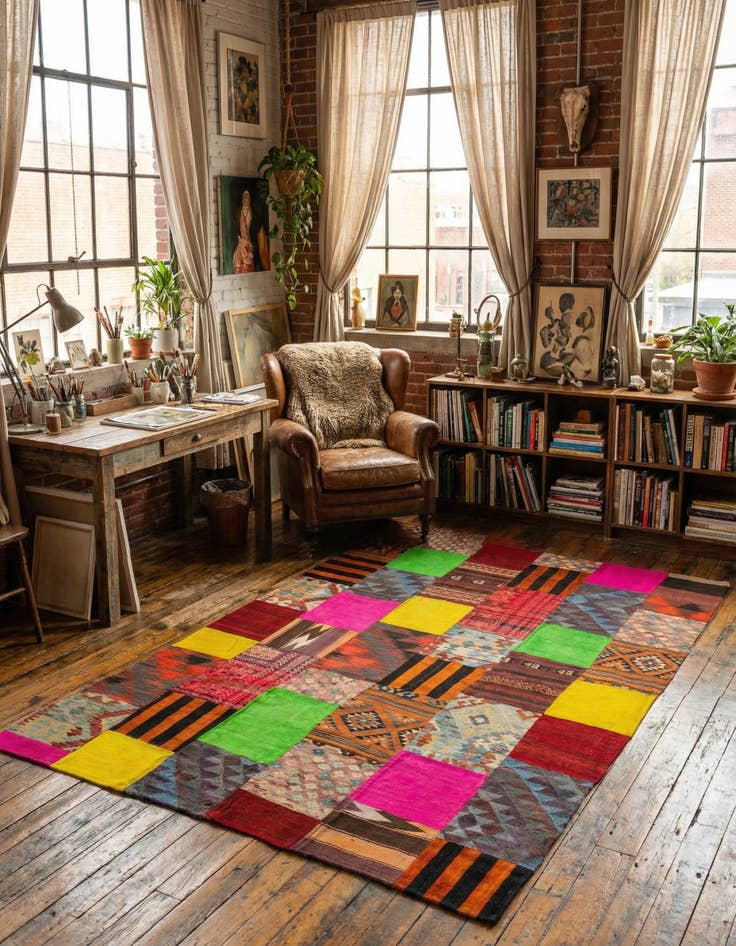 Detail image of 6' 7 x 9' 6 Hand Woven Kilim Patchwork Wool Rug