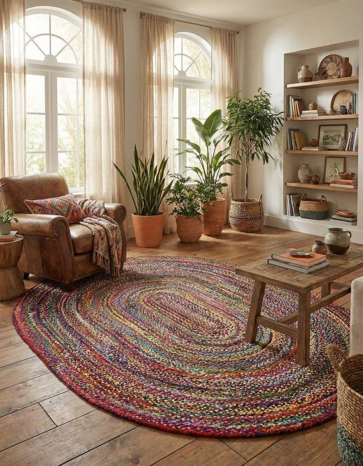 Detail image of 8' x 10'  Hand Braided Chindi Oval Rug