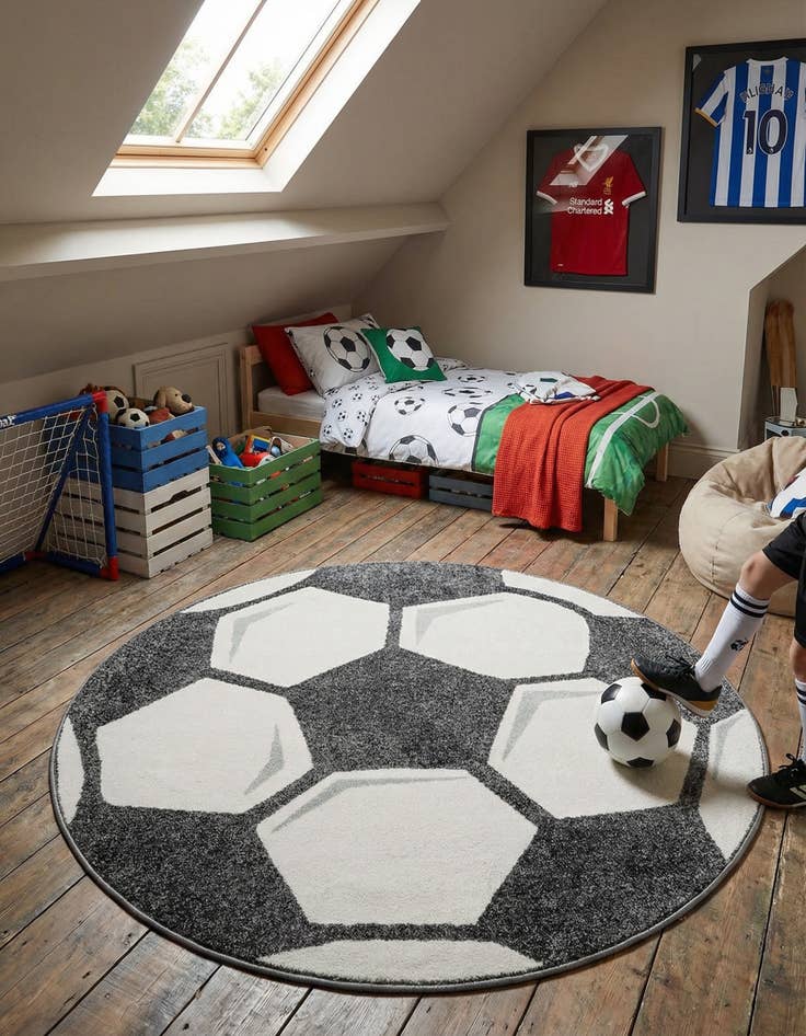 Detail image of 5' 3 x 5' 3 Soccer Ball Whimsy Kids Round Rug