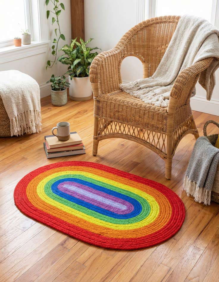Detail image of  2' x 3' 1  Hand Hand Braided Rainbow Wool Oval Rug