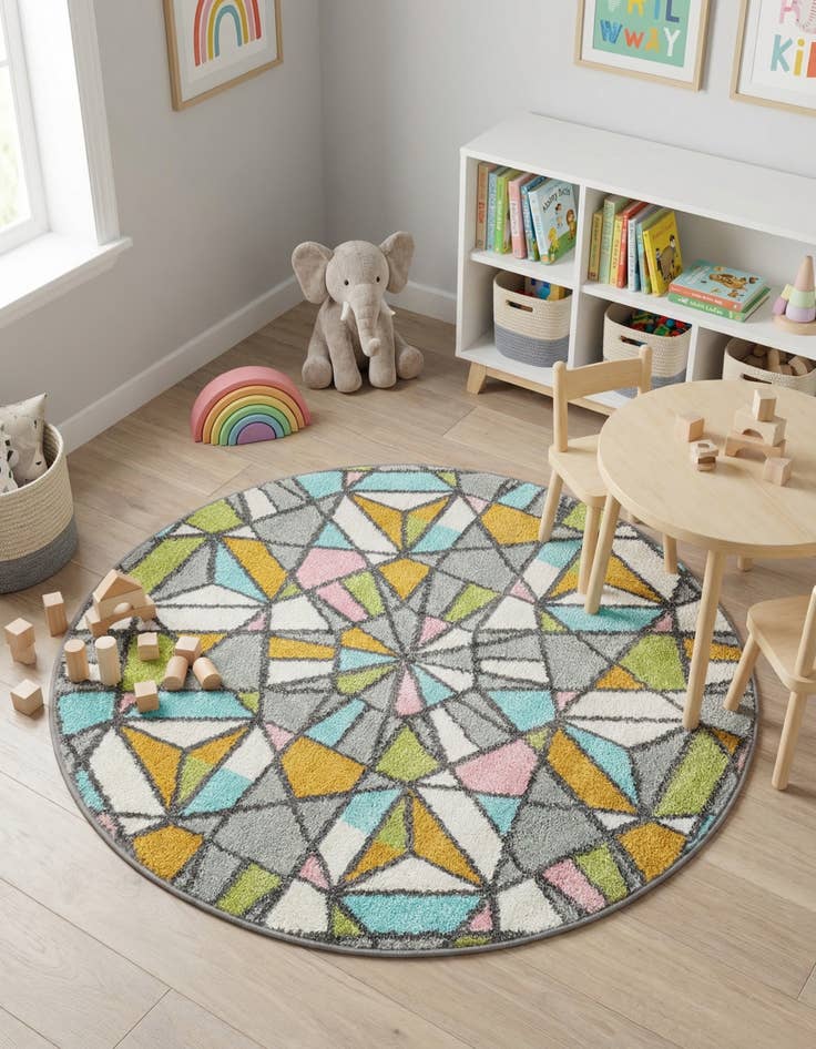Detail image of 3' 3 x 3' 3 Stained Glass Whimsy Kids Round Rug