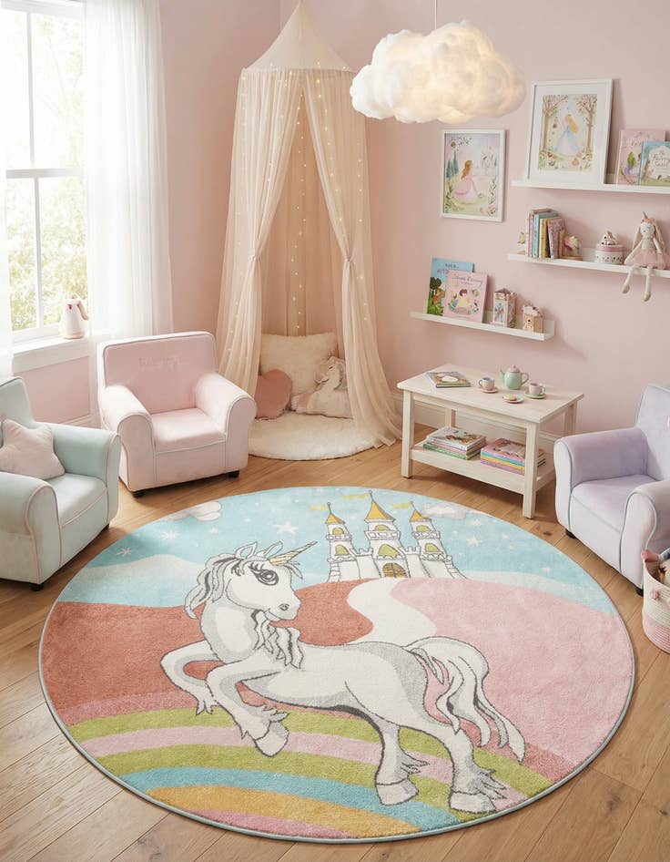 Detail image of 7' 10 x 7' 10 Unicorn Whimsy Kids Round Rug