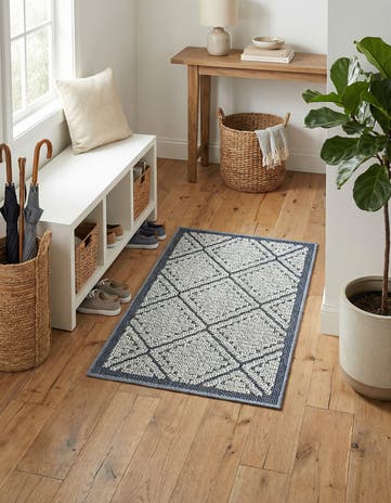 Navy Blue Easy-Clean Lattice Indoor / Outdoor Rug