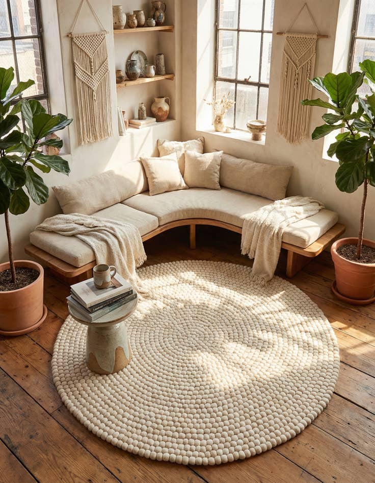 Detail image of 6' 1 x 6' 1 Hand Woven Felt Ball Wool Round Rug