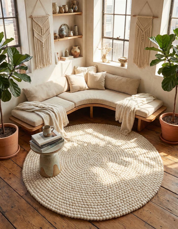 6' 1 x 6' 1 Hand Woven Felt Ball Wool Round Rug