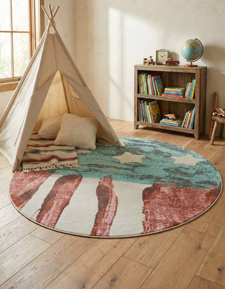 Detail image of 6' 1 x 6' 1 American Flag Whimsy Kids Round Rug