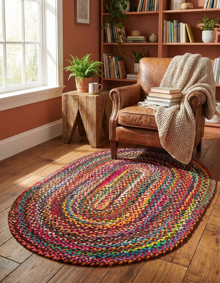 Detail image of 4' 1 x 6' 1  Hand Braided Chindi Oval Rug