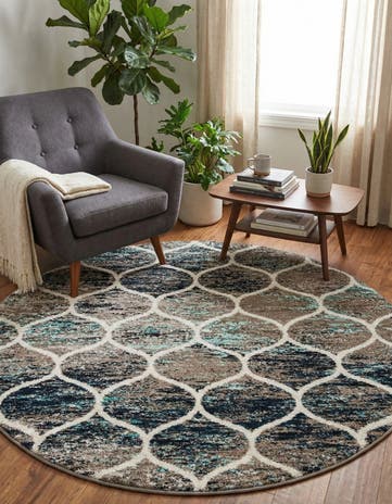 Blue Multi Lattice Frieze Round Rug