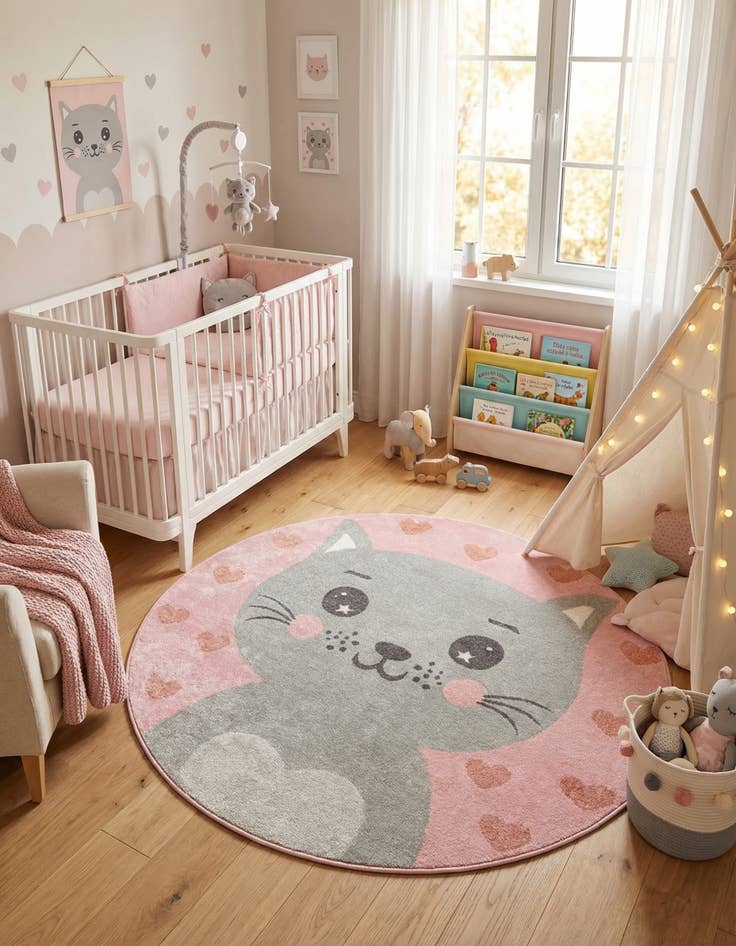 Detail image of 5' 3 x 5' 3 Cat Whimsy Kids Round Rug