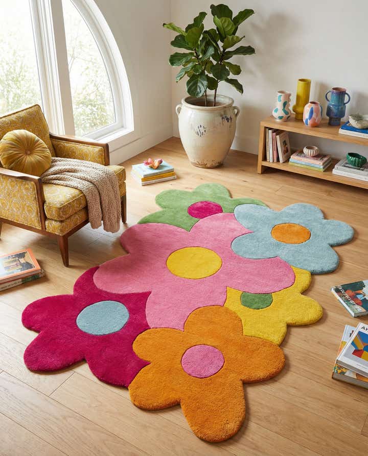 4' 3 x 6' 1 Happy Rugs Fluffy Flowers Wool