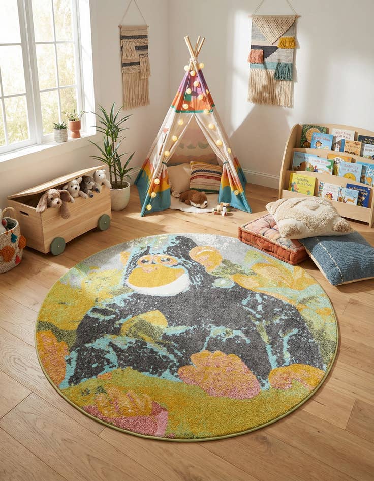 Detail image of 5' 1 x 5' 1 Gorilla Whimsy Kids Round Rug