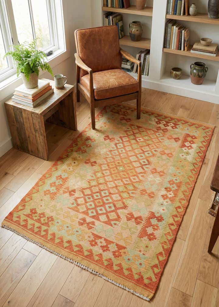 3' 3 x 4' 10 Hand Woven Kilim Waziri Wool Rug