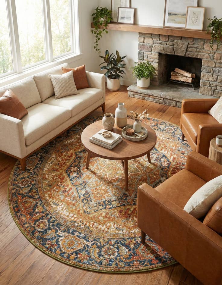 Detail image of 7' 10 x 7' 10 Washable Traditional Indoor / Outdoor Round Rug