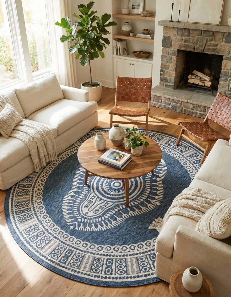 Detail image of 12' x 12'  Washable Traditional Indoor / Outdoor Round Rug