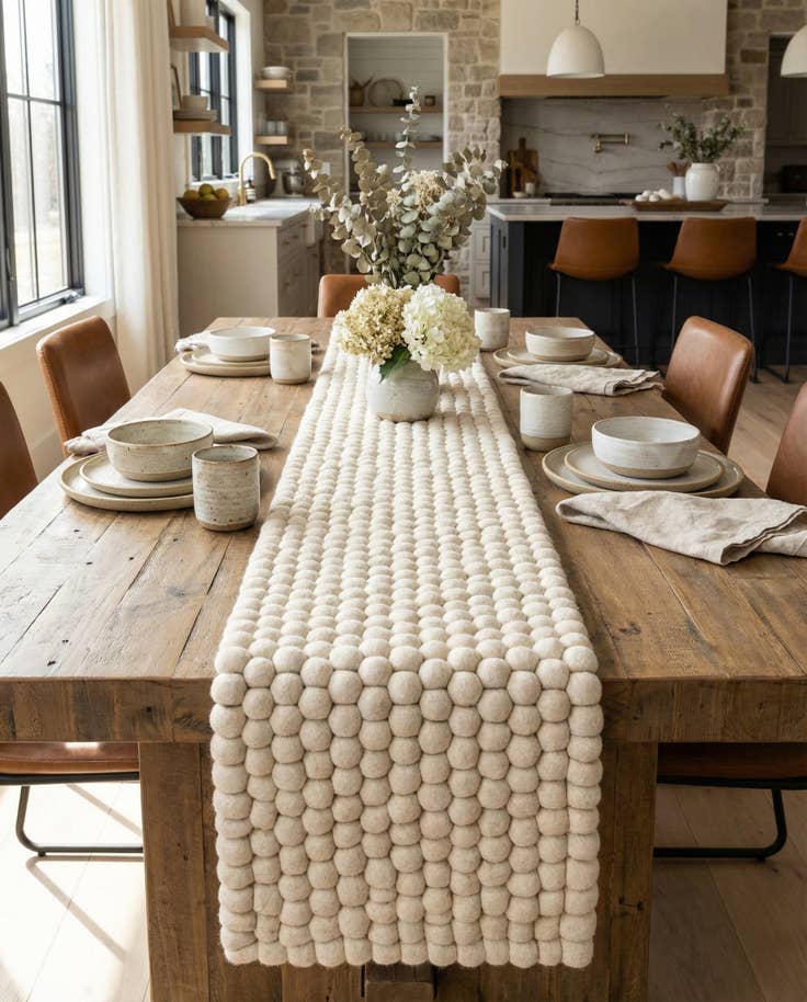 Detail image of 1' 2 x 10' Hand Woven Felt Ball Wool Table Runner Rug