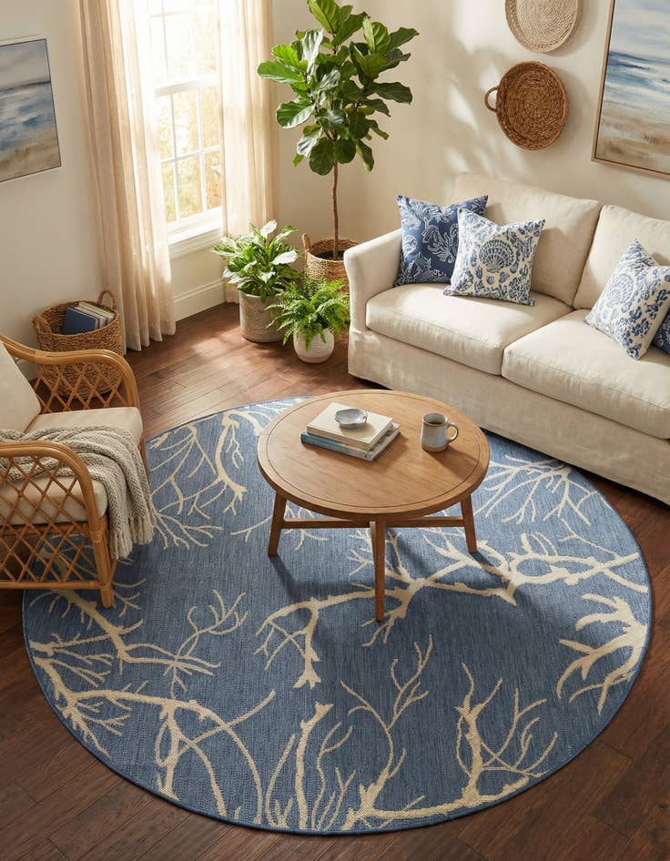 Detail image of 6' x 6' Washable Outdoor Botanical Coral Indoor / Outdoor Round Rug