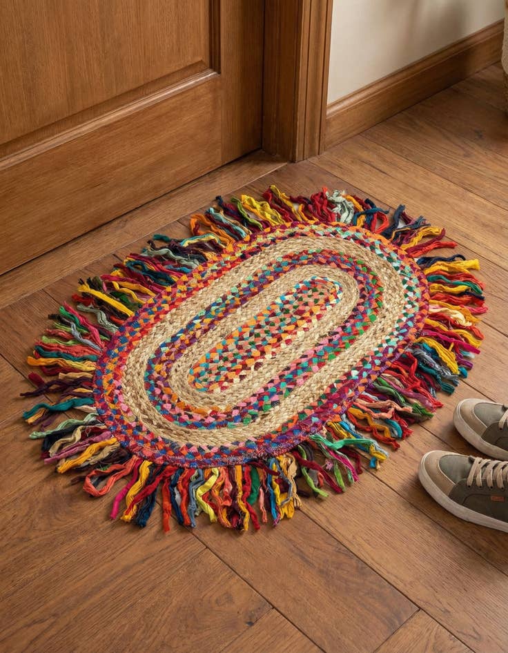 Detail image of  2' x 3' 1  Hand Braided Chindi Jute Oval Rug