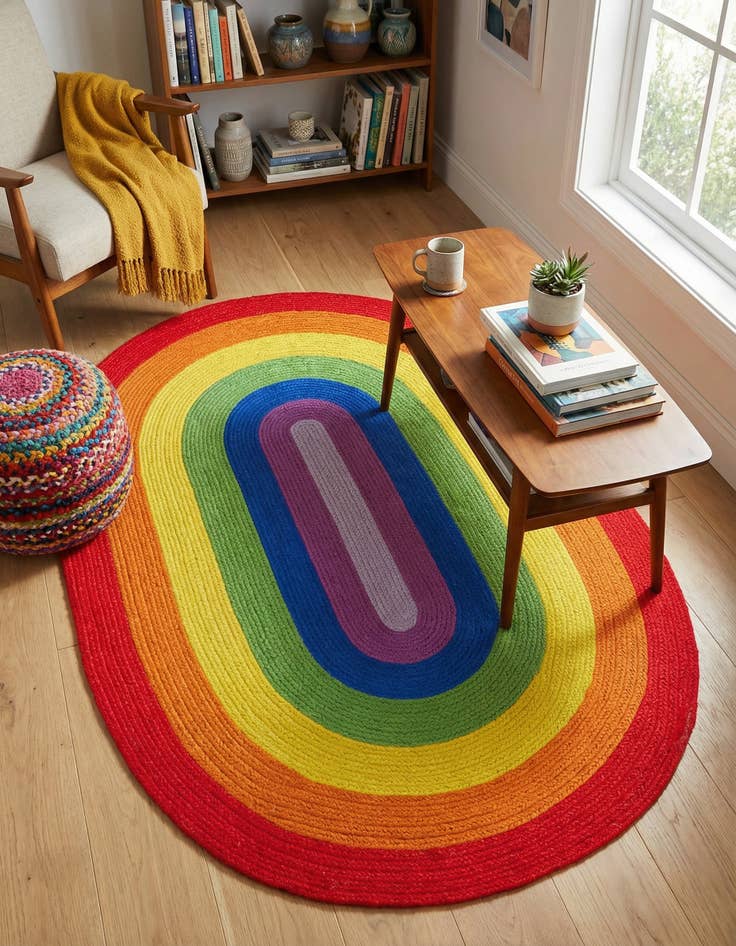 Detail image of  4' 1 x 6' 1  Hand Hand Braided Rainbow Wool Oval Rug