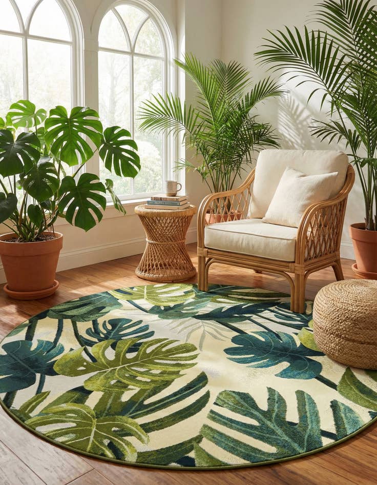 Detail image of 7' x 7' Washable Botanical Indoor / Outdoor Round Rug
