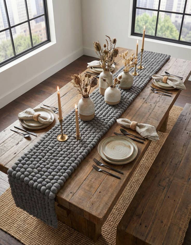 Detail image of 1' 2 x 6' 1  Hand Woven Felt Ball Wool Table Runner Rug