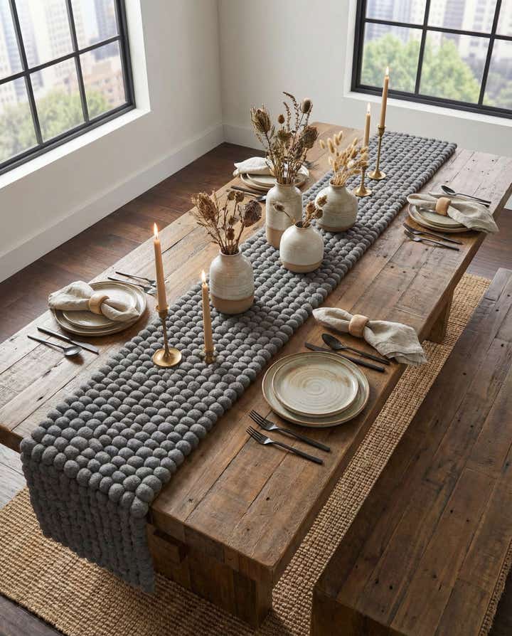 1' 2 x 6' 1 Hand Woven Felt Ball Wool Table Runner Rug