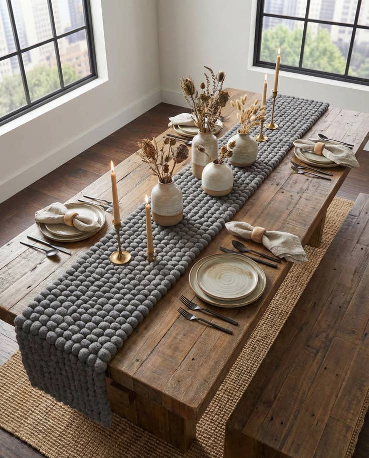 Detail image of 1' 2 x 6' 1 Hand Woven Felt Ball Wool Table Runner Rug