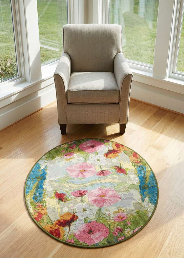 3' x 3' Easy-Clean Botanical Indoor / Outdoor Round Rug