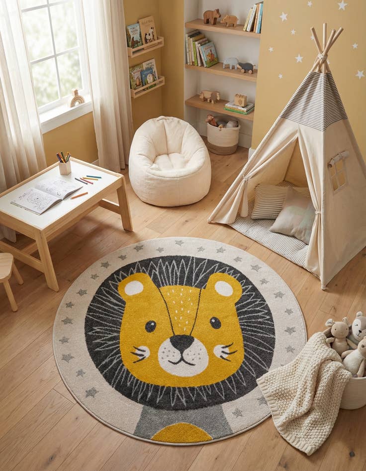 Detail image of 5' 3 x 5' 3 Lion Whimsy Kids Round Rug
