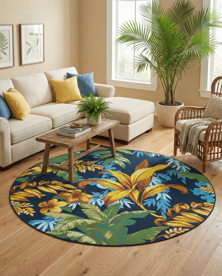 7' x 7' Easy-Clean Botanical Indoor / Outdoor Round Rug