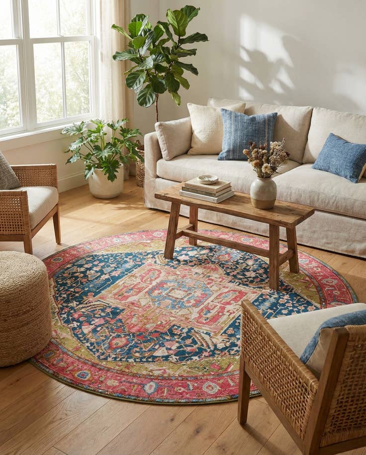 Detail image of 7' 10 x 7' 10 Easy-Clean Traditional Indoor / Outdoor Round Rug