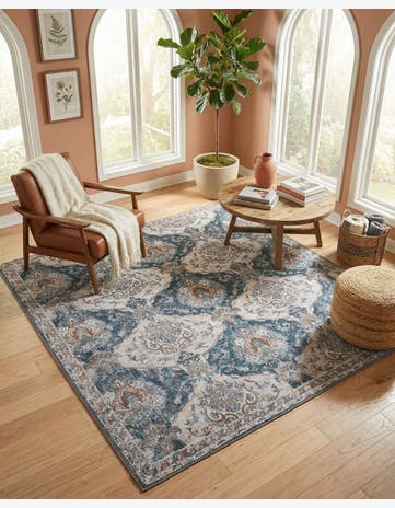 Blue and Ivory Yara Square Rug