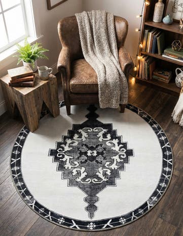 Black and White Washable Timeless Round Rug