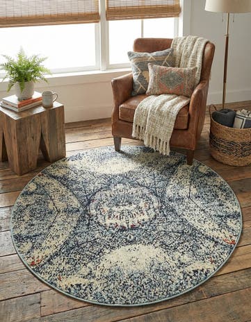 Blue Washable Carnevale Round Rug