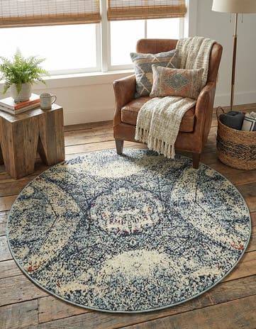 Blue Washable Carnevale Round Rug