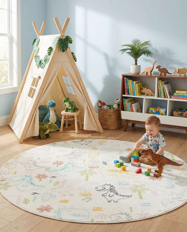 7' 10 x 7' 10 Dinosaur Whimsy Kids Round Rug