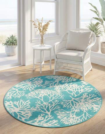 Teal Easy-Clean Coastal Indoor / Outdoor Round Rug