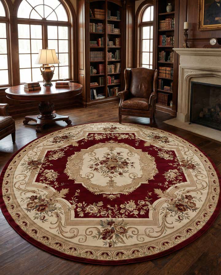 Red 400cm x 400cm Klassischer Aubusson Rund Teppich