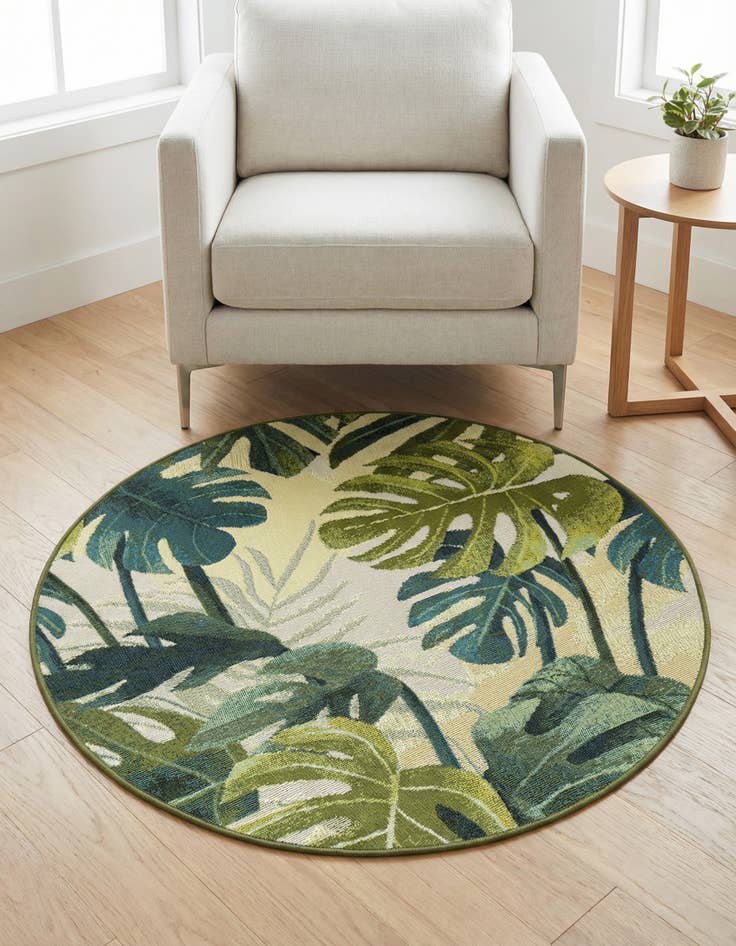 Detail image of 3' x 3' Washable Botanical Indoor / Outdoor Round Rug