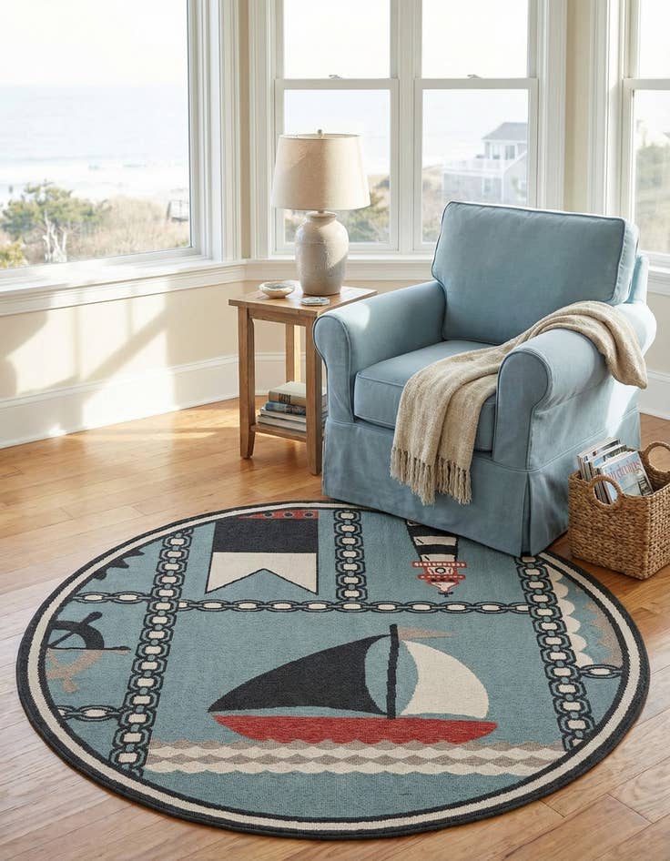 Detail image of 6' x 6' Washable Coastal Indoor / Outdoor Round Rug