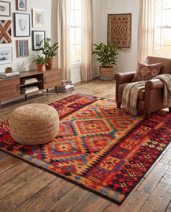 7' 10 x 7' 10 Easy-Clean Tribal Indoor / Outdoor Square Rug