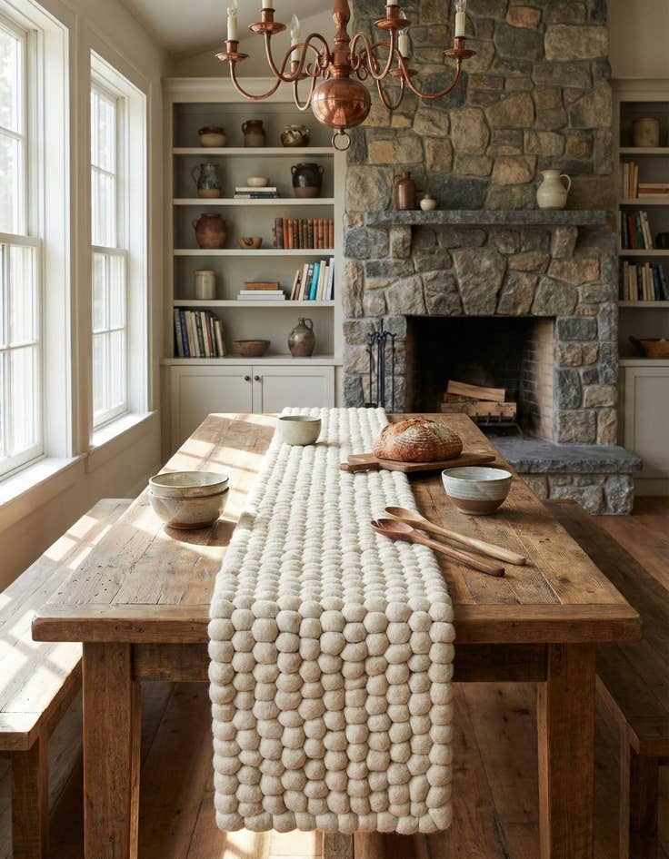 Detail image of 1' 2 x 8'  Hand Woven Felt Ball Wool Table Runner Rug
