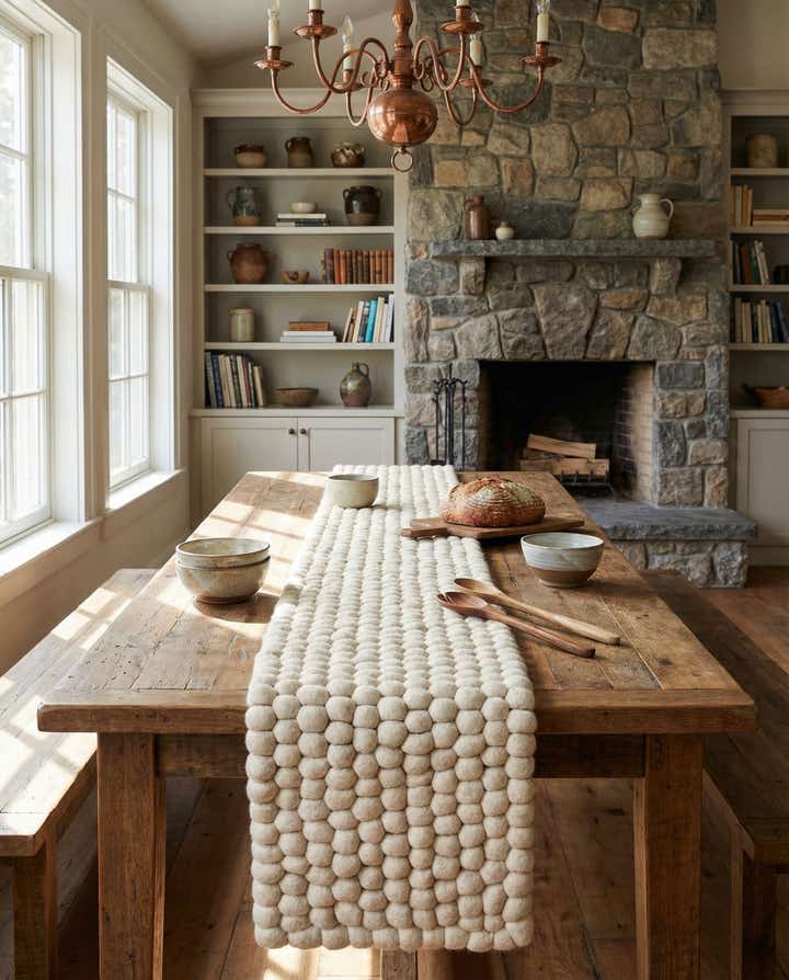 1' 2 x 8' Hand Woven Felt Ball Wool Table Runner Rug