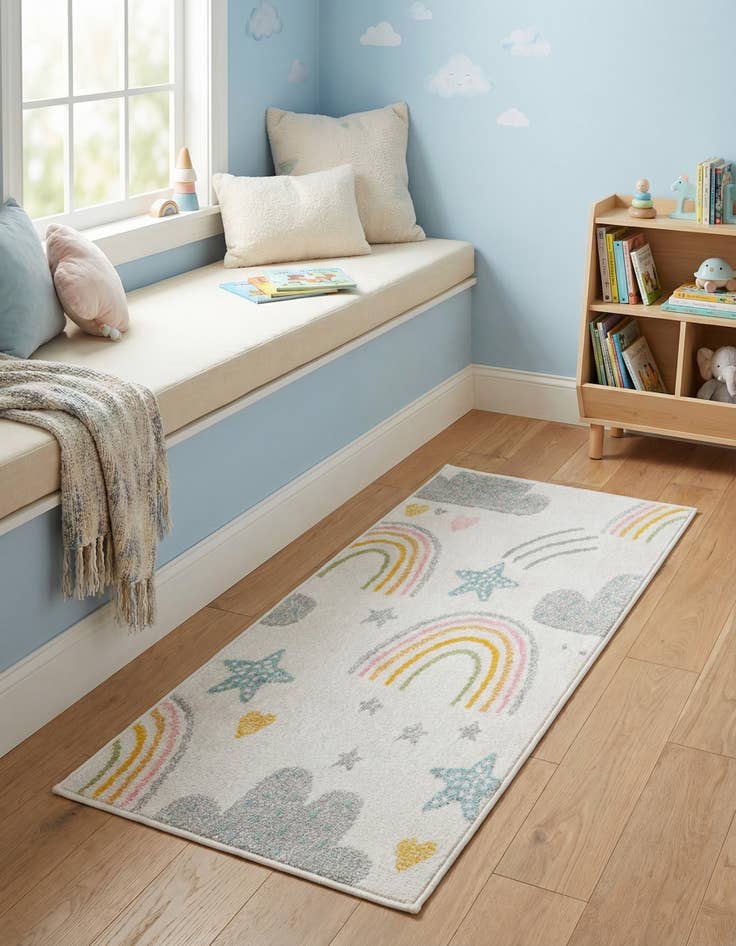 Detail image of 2' 2 x 4' Clouds and Rainbows Whimsy Kids Runner Rug