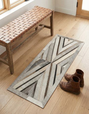 Gray Ivory Cowhide Leather Runner Rug