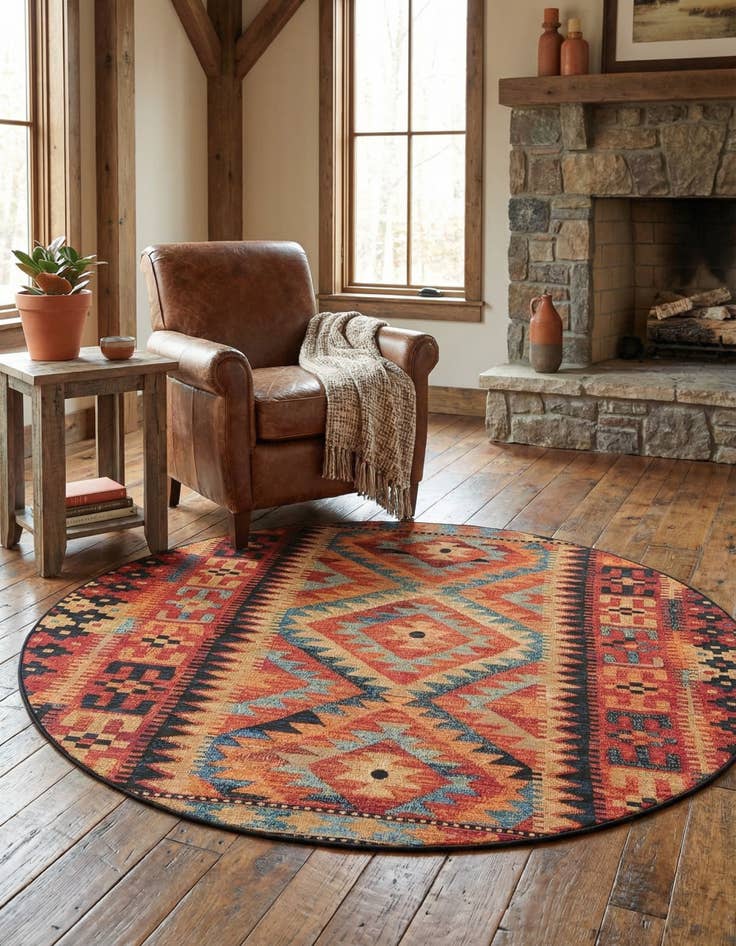 Detail image of 6' x 6' Easy-Clean Tribal Indoor / Outdoor Round Rug
