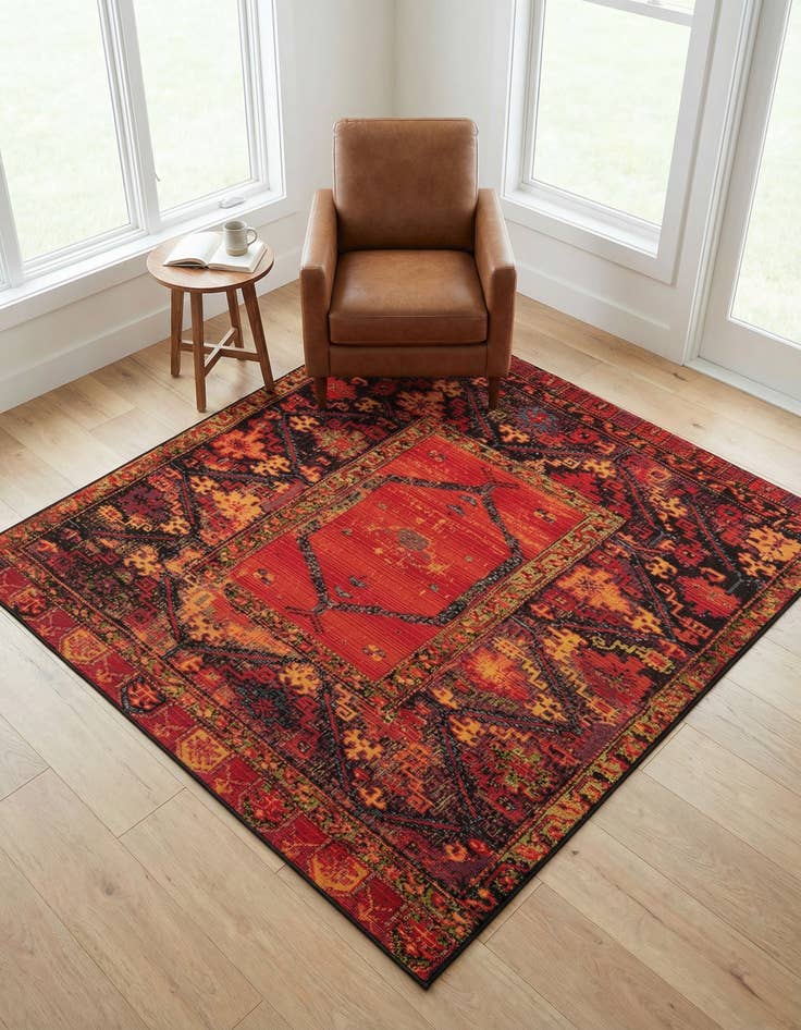 Detail image of 5' 3 x 5' 3 Easy-Clean Tribal Indoor / Outdoor Square Rug
