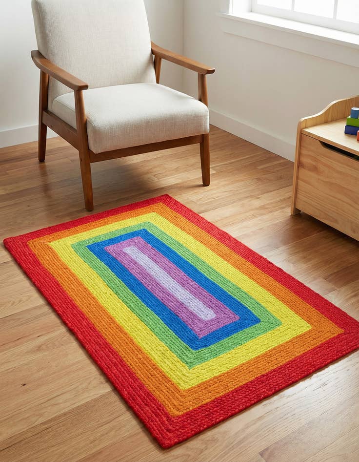 Detail image of 3' 1 x 5' 1 Handmade Hand Braided Rainbow Wool Rug